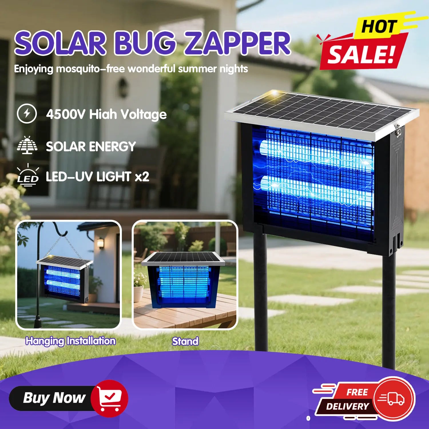 Lorins Solar Powered Bug Zapper, 4500V High Voltage Mosquito Killer, 2000 Sq.Ft Cordless Rechargeable Waterproof Electric Fly Trap with Grounding Bracket, Portable Pest Control for Indoor, Patio, Backyard, Garden, Camping, RV, Pond