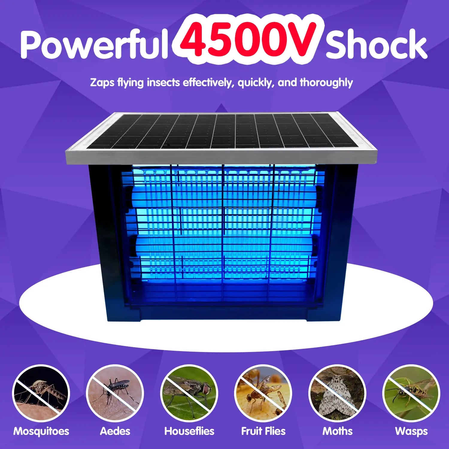 Lorins Solar Powered Bug Zapper, 4500V High Voltage Mosquito Killer, 2000 Sq.Ft Cordless Rechargeable Waterproof Electric Fly Trap with Grounding Bracket, Portable Pest Control for Indoor, Patio, Backyard, Garden, Camping, RV, Pond