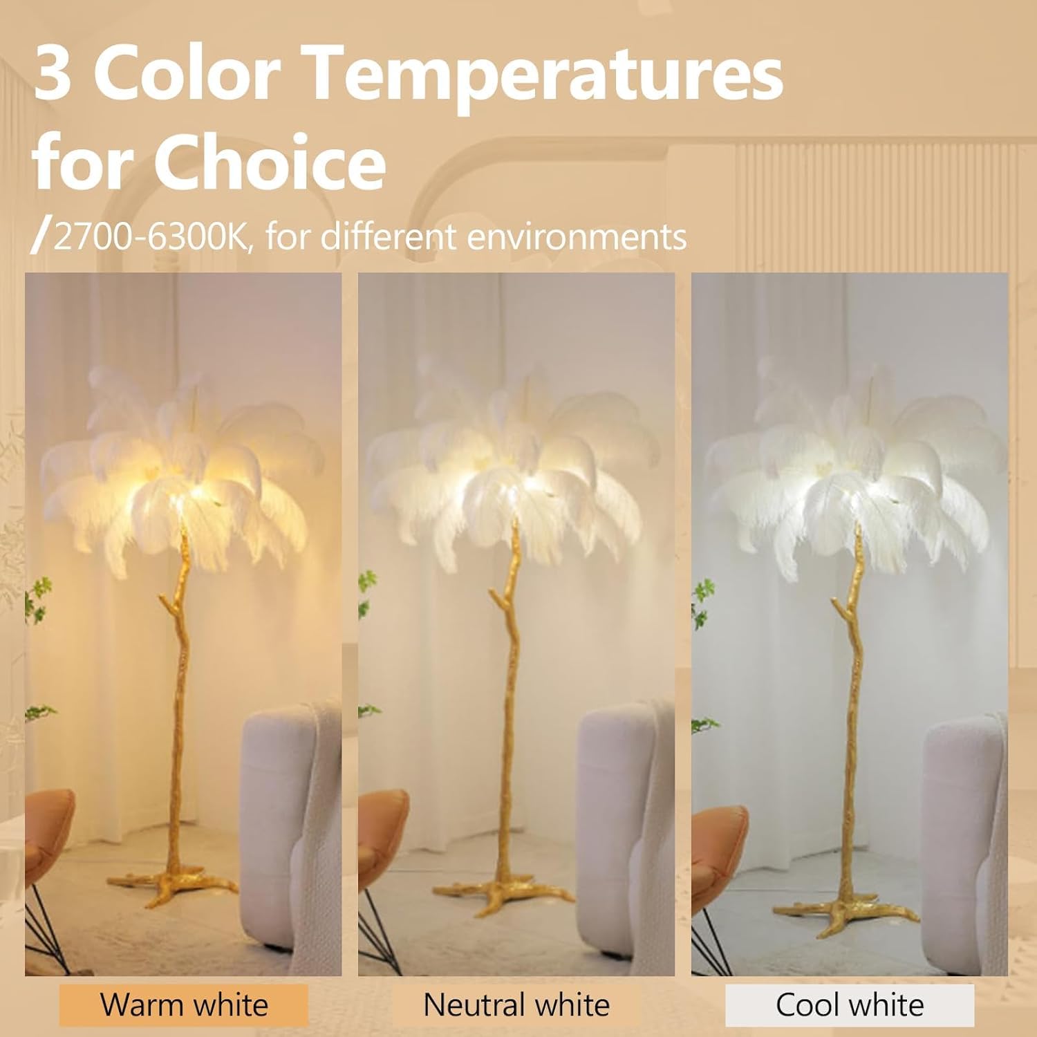 Elegant White Ostrich Feather Floor Lamp - Luxurious Resin Design for a Romantic Ambiance in Any Room