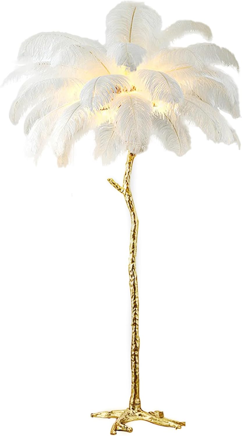 Elegant White Ostrich Feather Floor Lamp - Luxurious Resin Design for a Romantic Ambiance in Any Room