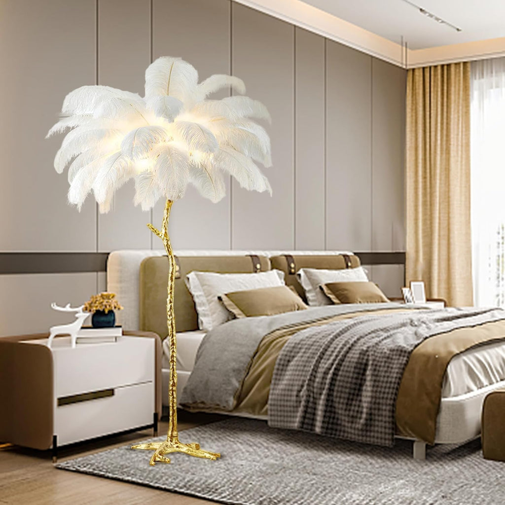 Elegant White Ostrich Feather Floor Lamp - Luxurious Resin Design for a Romantic Ambiance in Any Room