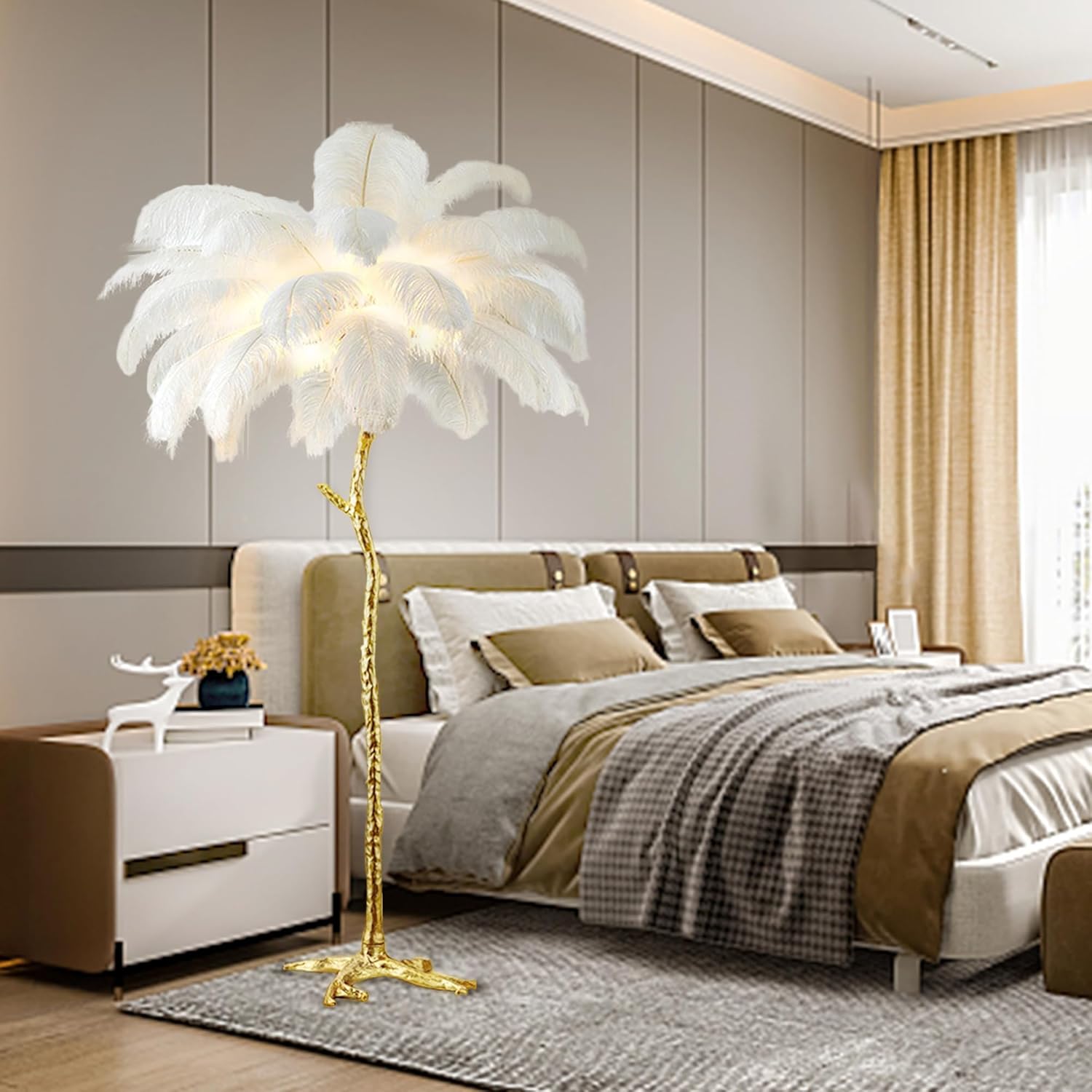 Elegant White Ostrich Feather Floor Lamp - Luxurious Resin Design for a Romantic Ambiance in Any Room