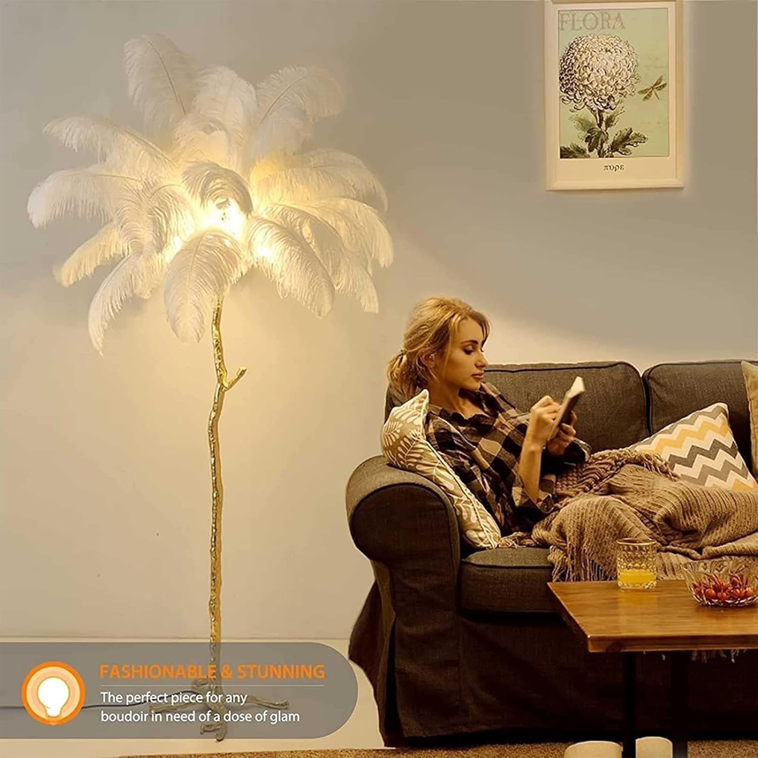 Elegant White Ostrich Feather Floor Lamp - Luxurious Resin Design for a Romantic Ambiance in Any Room