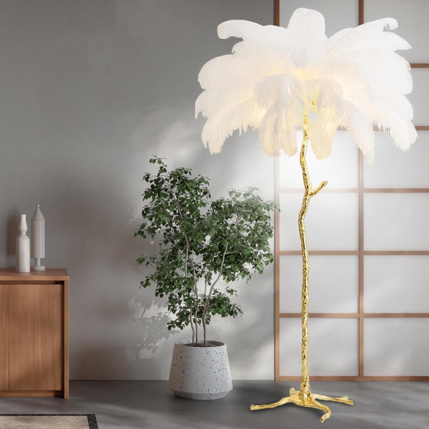 Elegant White Ostrich Feather Floor Lamp - Luxurious Resin Design for a Romantic Ambiance in Any Room