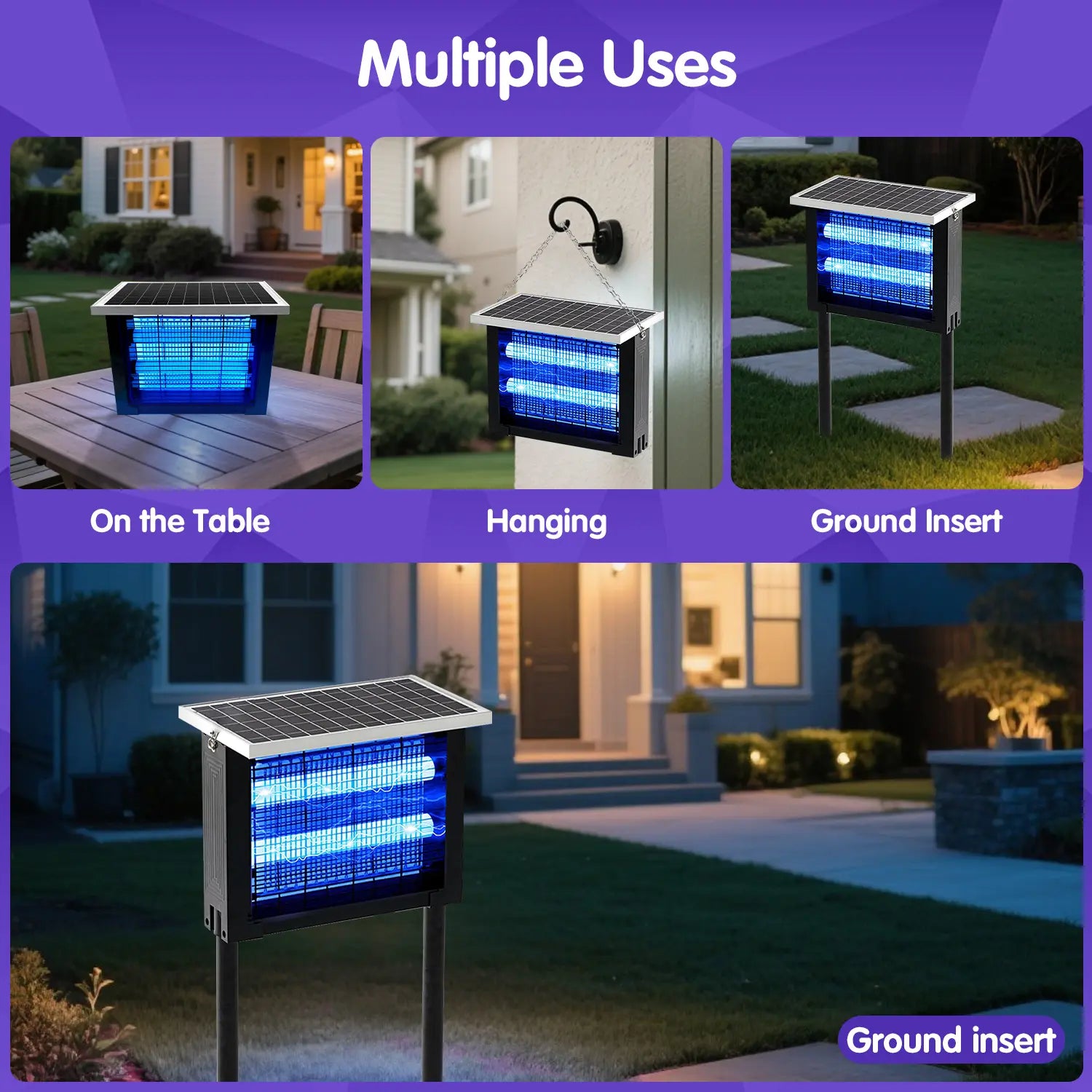Lorins Solar Powered Bug Zapper, 4500V High Voltage Mosquito Killer, 2000 Sq.Ft Cordless Rechargeable Waterproof Electric Fly Trap with Grounding Bracket, Portable Pest Control for Indoor, Patio, Backyard, Garden, Camping, RV, Pond