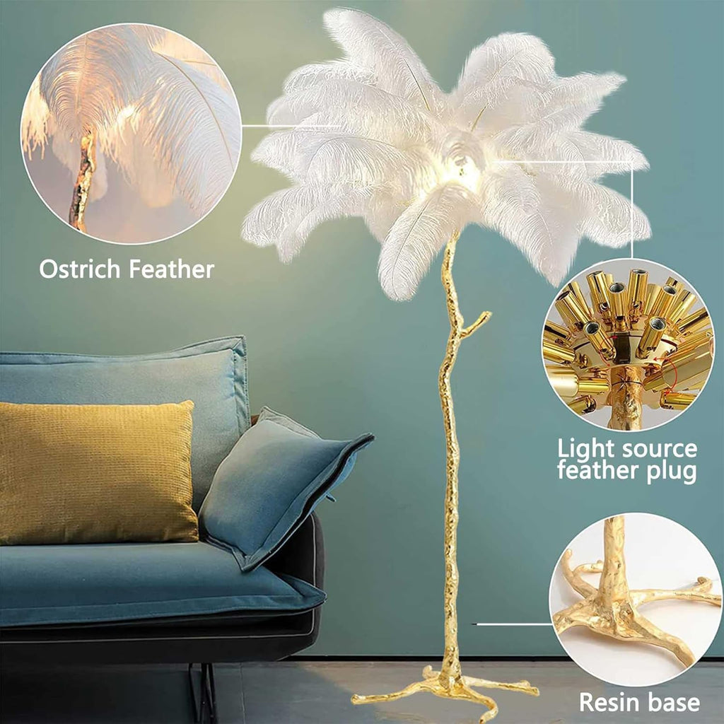 Elegant White Ostrich Feather Floor Lamp - Luxurious Resin Design for a Romantic Ambiance in Any Room