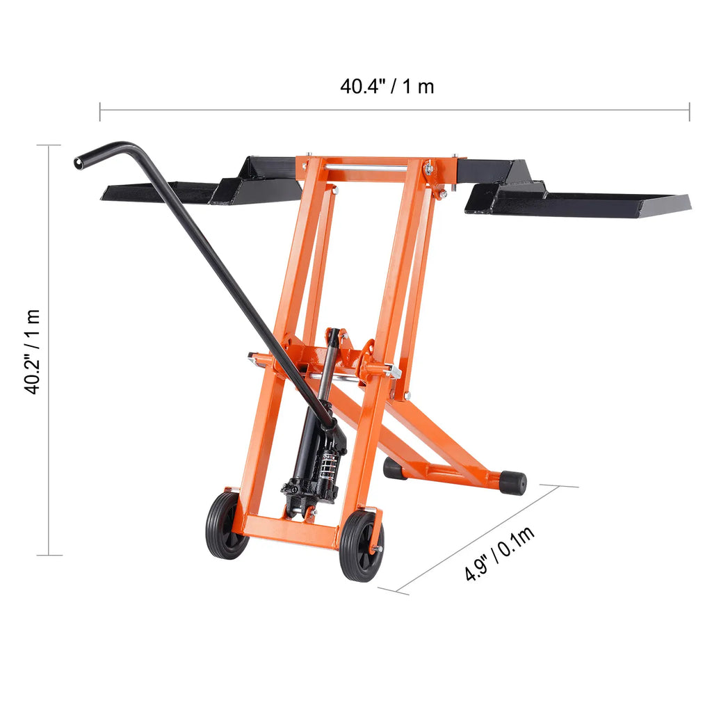 VEVOR Lawn Mower Lift with Hydraulic Jack, 500 Lbs Weight Capacity, Solid Carbon Steel Lawn Mower Lift, Adjustable Movable Lawn Lifter for Riding Tractors and Zero Turn Lawn Mowers, Orange